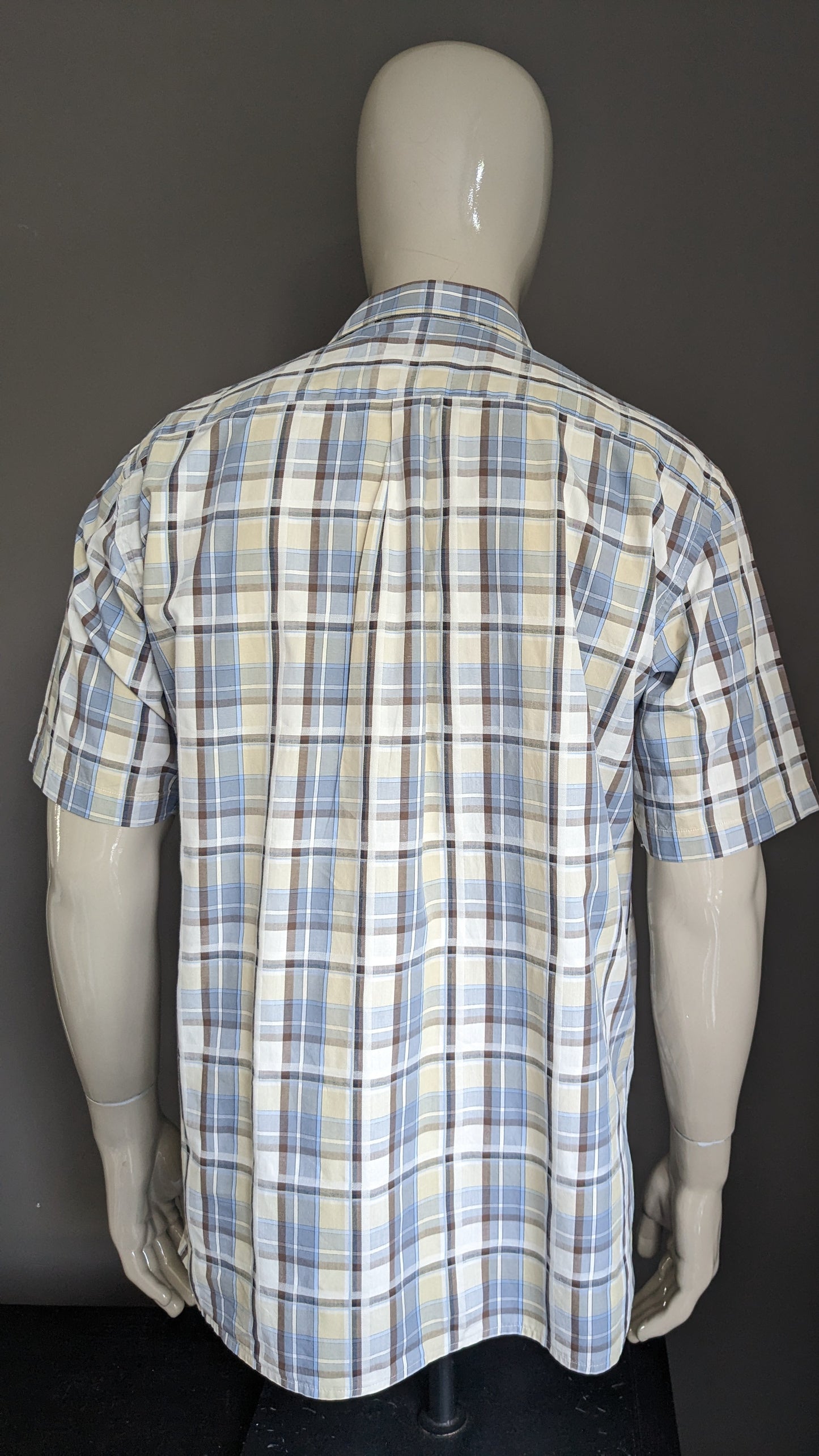 Quadrus -Shirt Kurzarm. Gelbbraunes Blau überprüft. Größe L / XL.