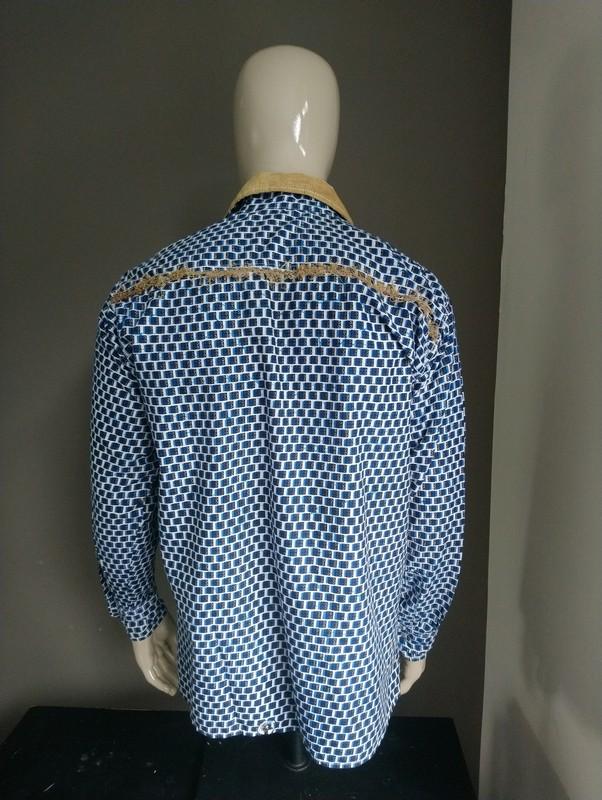 Vintage overhemd. Blauw Wit met jute applicaties. Maat XL - ecogents