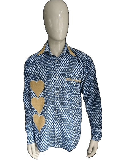 Vintage overhemd. Blauw Wit met jute applicaties. Maat XL