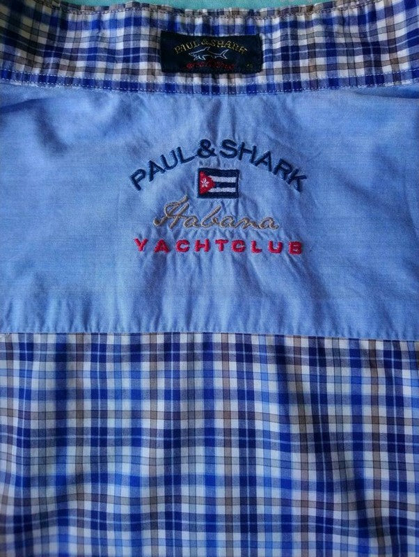 Paul en Shark overhemd, korte mouw. Blauw Wit Bruin. Maat 40 / M