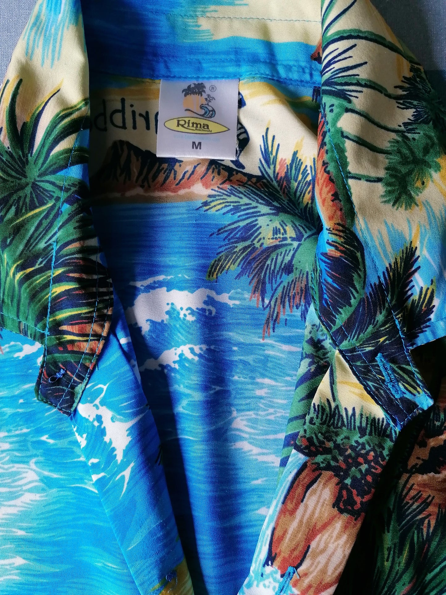 Rima Vintage Hawaii print overhemd korte mouw. Blauw Groen Gele print. Maat M.