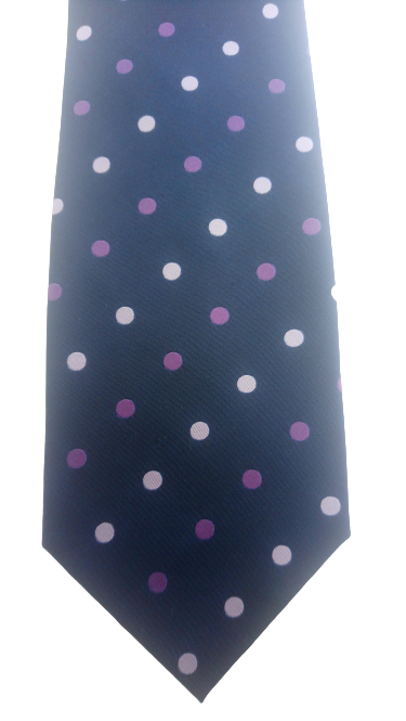 Corbata de seda. Azul con esferas blancas púrpuras.
