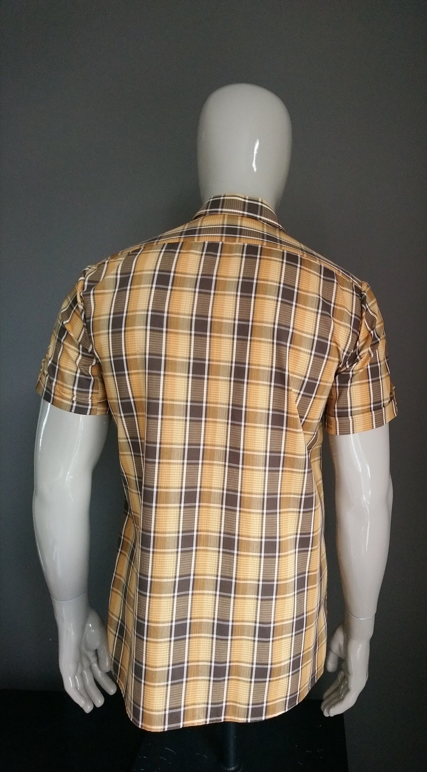 Vintage 70's Sohaj overhemd korte mouw en puntkraag. Oranje Bruin geruit. Maat M.