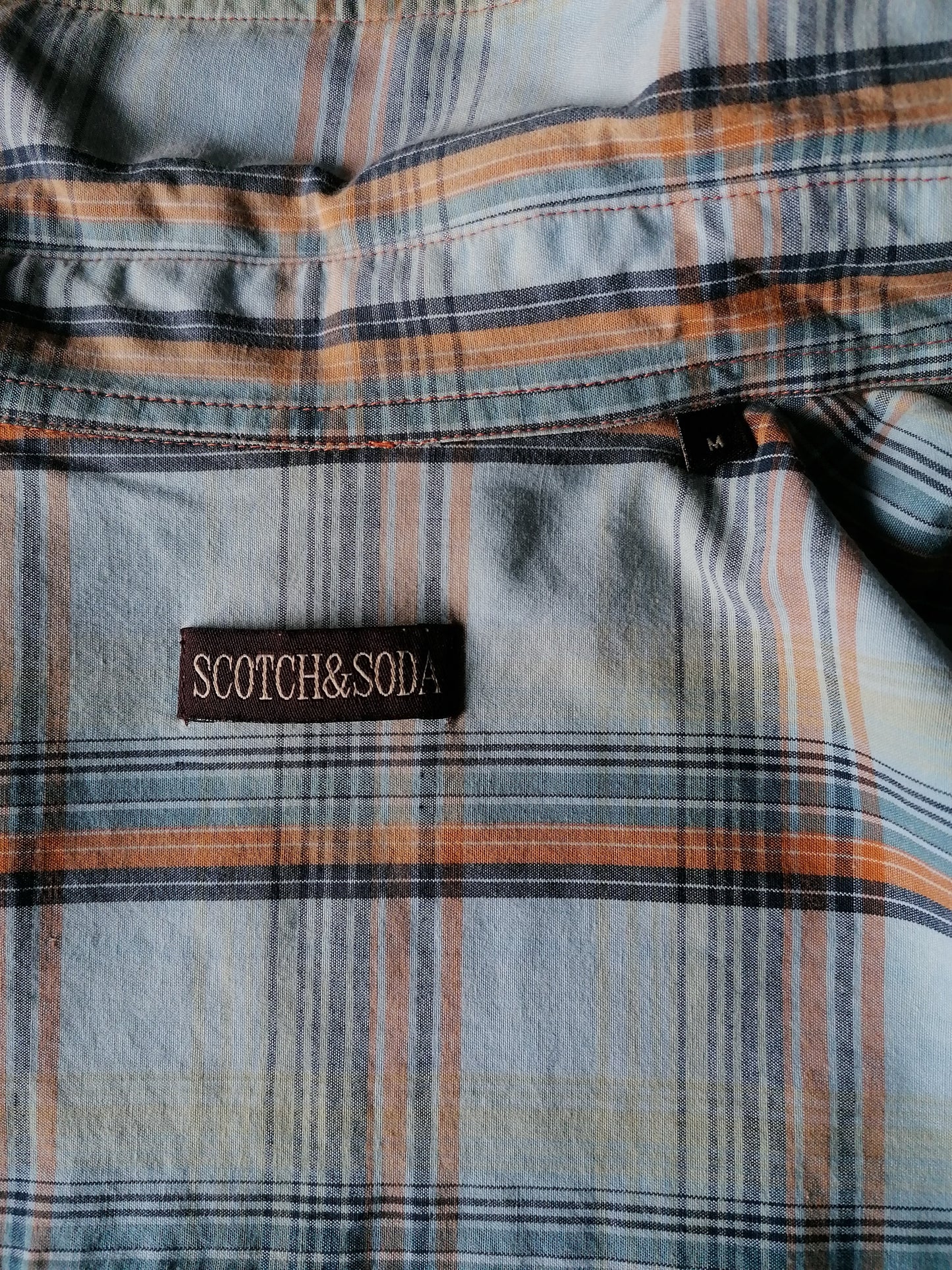 Scotch & Soda overhemd korte mouw. Blauw Oranje geruit motief. Maat M.