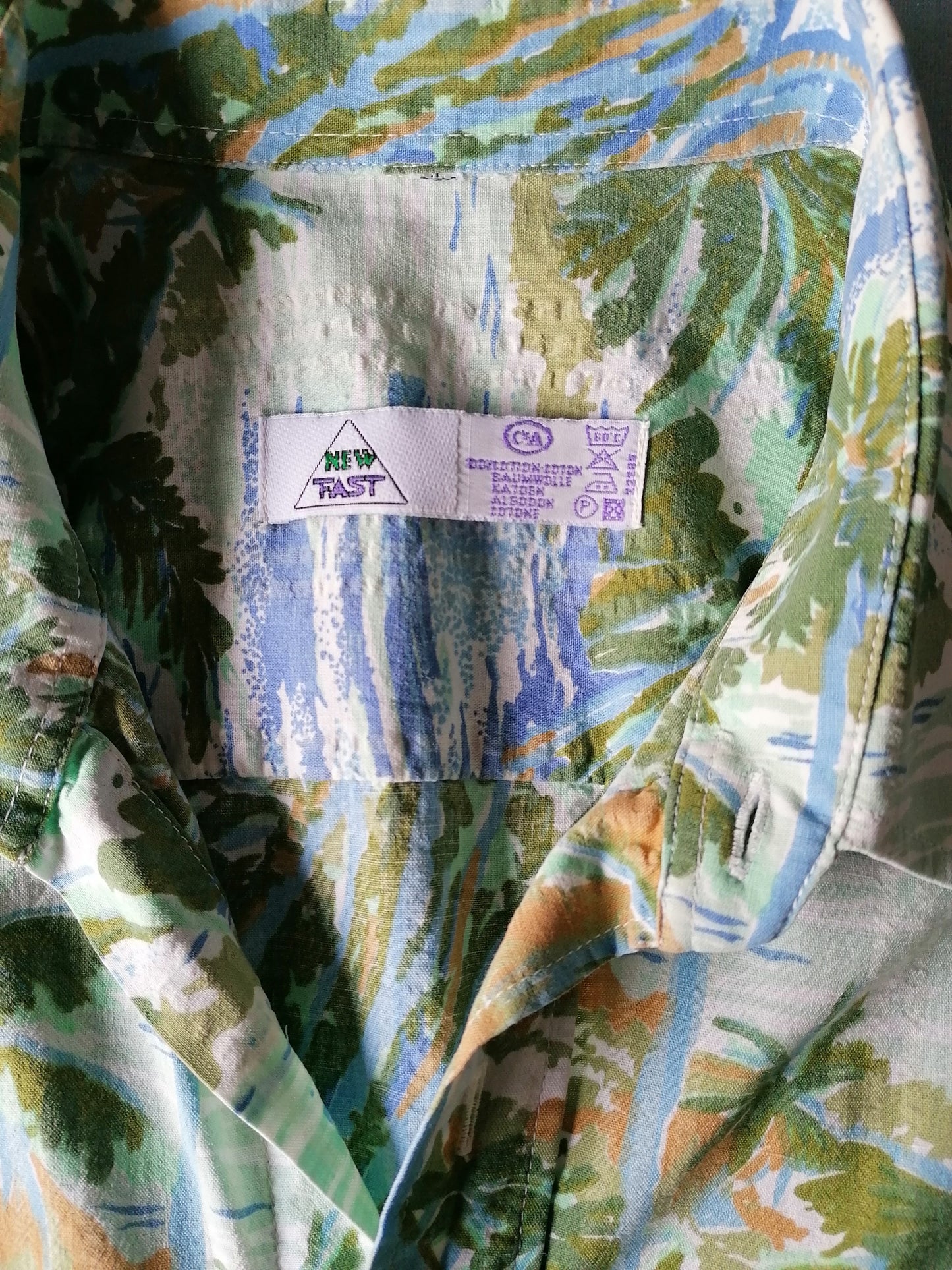Vintage New Fast Hawaii print overhemd met korte mouw. Groen Blauwe Palmprint. Maat XL.