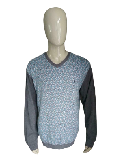 Penguin V-hals trui – grijs/blauw geruit – maat 2XL