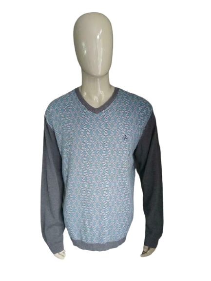 Penguin sweater with V-neck / pull-over. Gray blue checked. Size 2XL / XXL