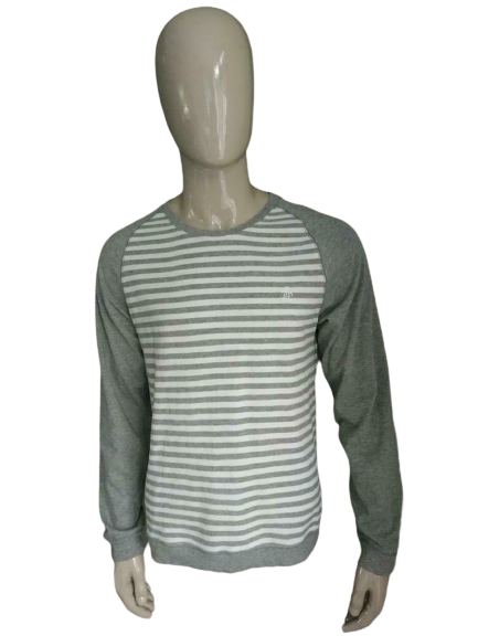 Pull pingouin. Motif rayé gris blanc. Taille L/XL