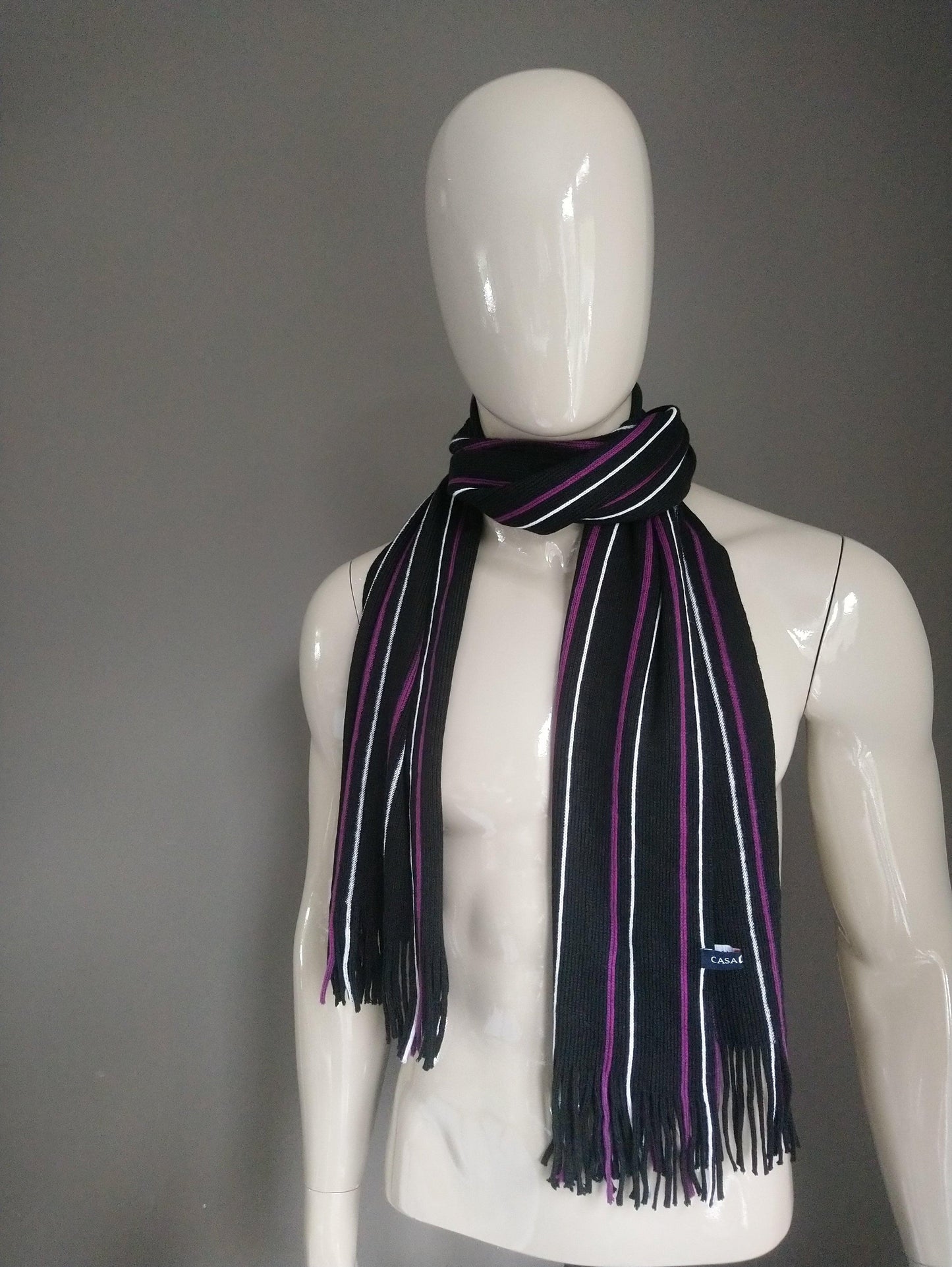 Casa Moda sjaal. Zwart Paars Wit gestreept motief. Polyacryl - EcoGents
