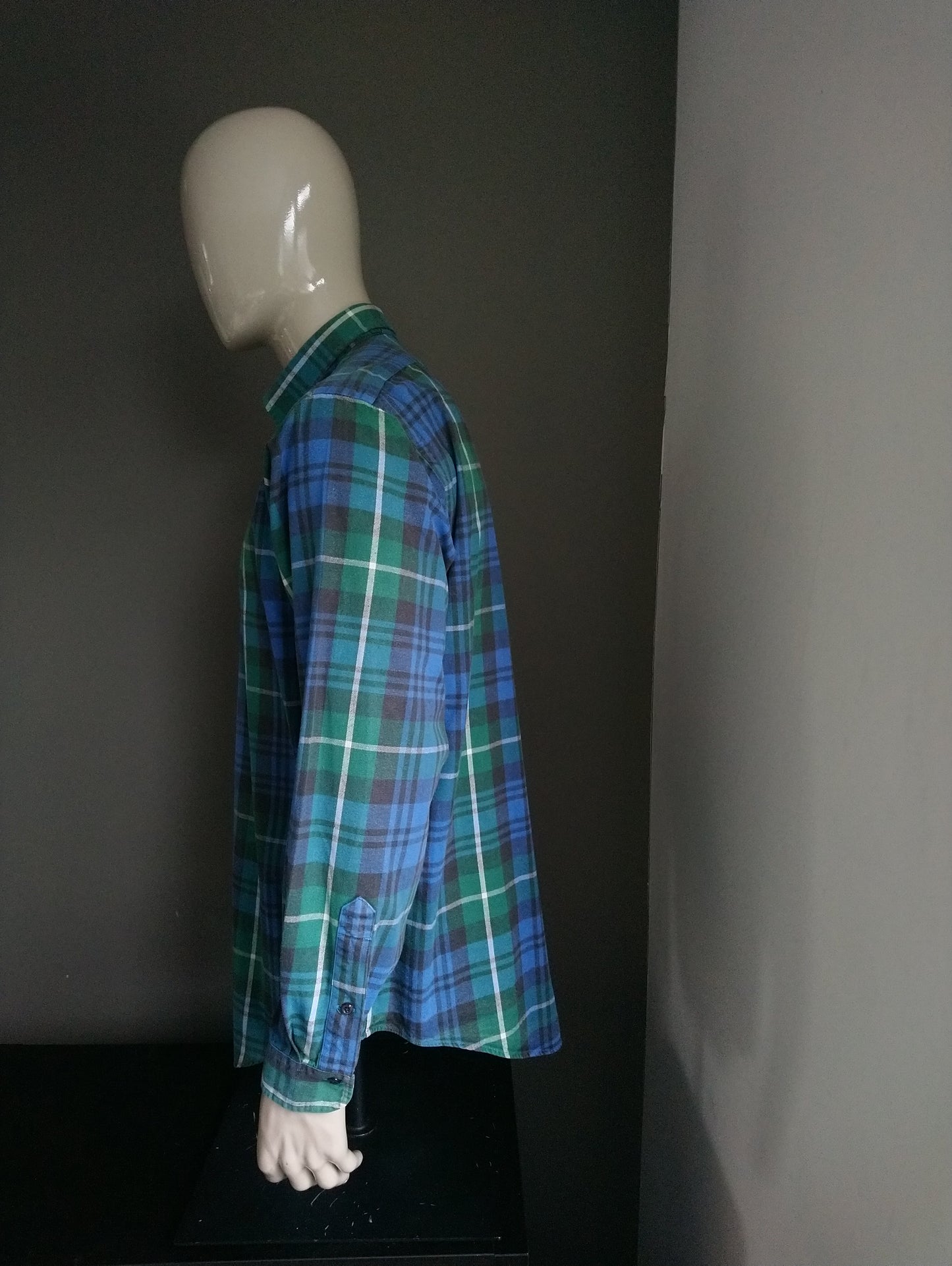 Vintage Giordano overhemd. Groen Blauw Zwart geruit. Maat XL. Dikkere stof.
