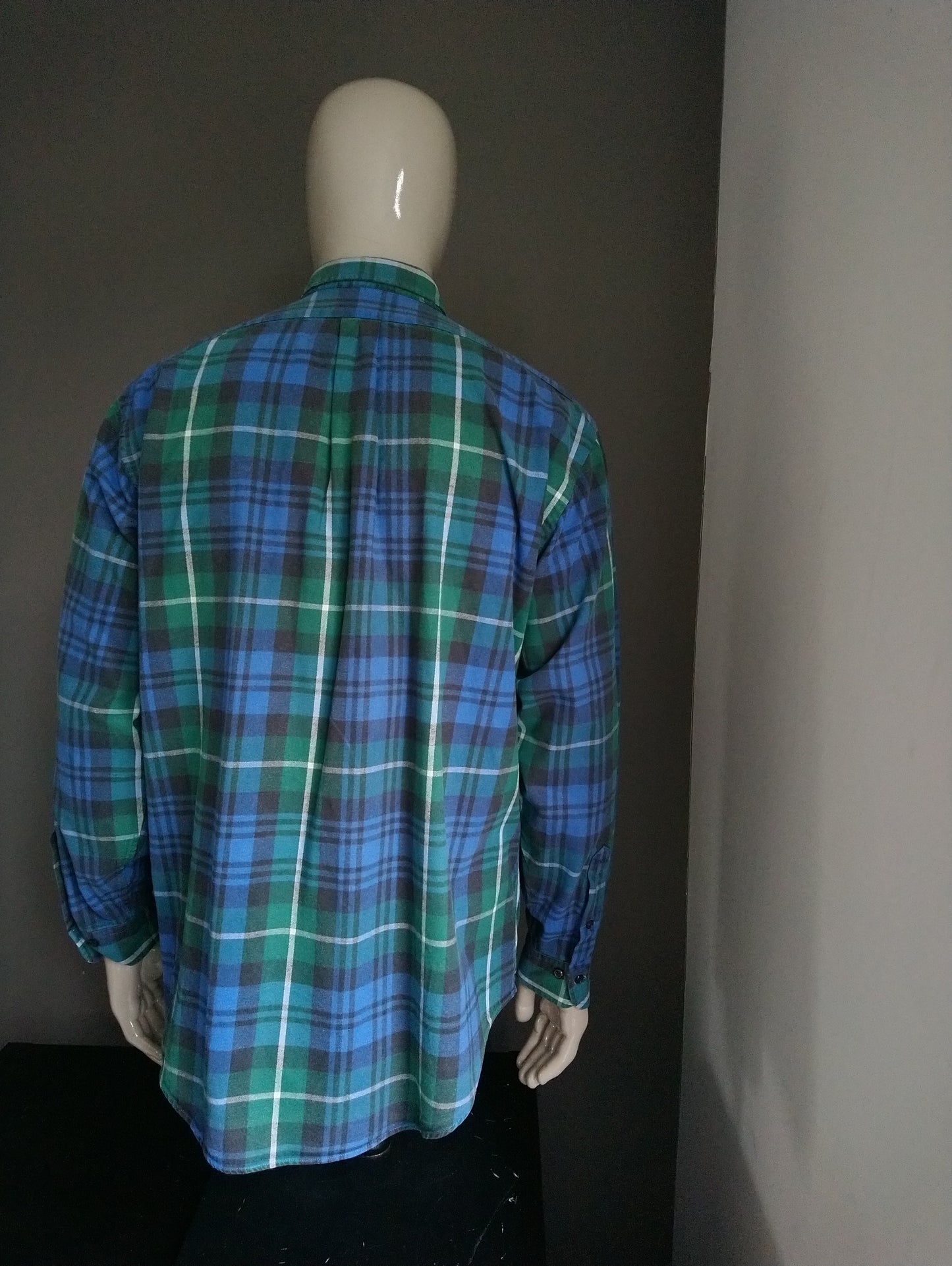 Vintage Giordano overhemd. Groen Blauw Zwart geruit. Maat XL. Dikkere stof.