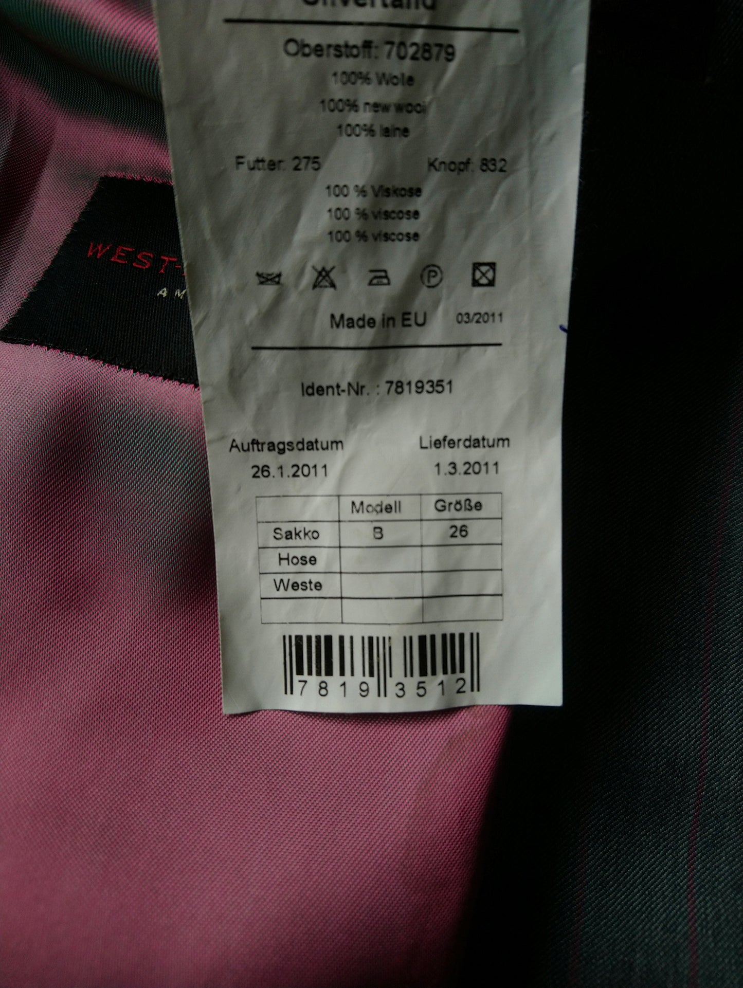 Scabal Super 100's woolen jacket. Gray pink striped. Size 26. (52 / L.)