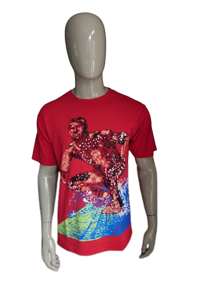 Camisa de ropa deportiva auténtica de Parco Vintage. Rojo con impresión. Tamaño S / M.