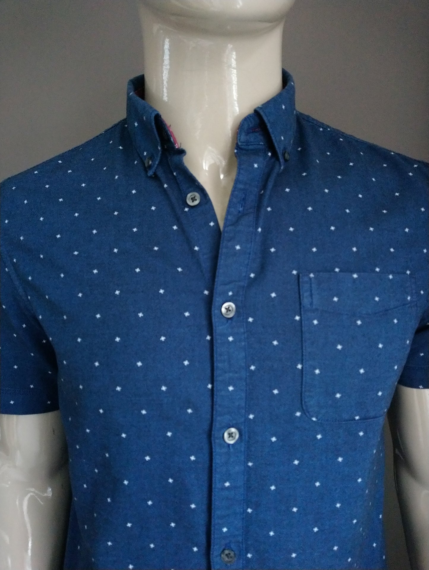 Burton menswear overhemd korte mouw. Blauw Witte print. Maat M.