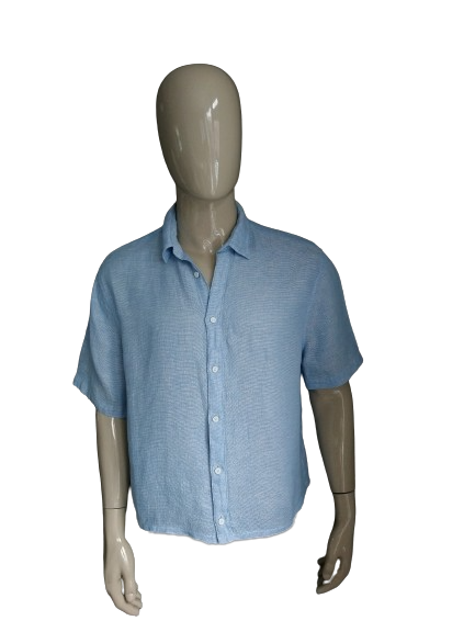 Camisa de lino de Blue Harbor manga corta. Blanco azul claro mezclado. Tamaño L. ajuste relajado.