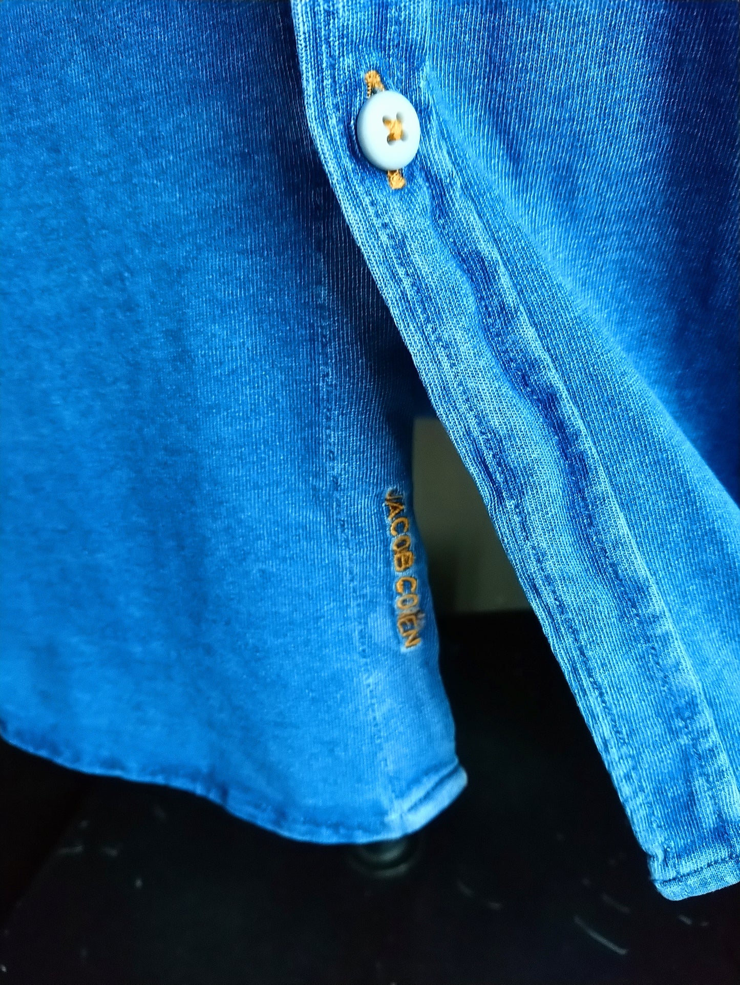 Jacob Cohen overhemd. Jeans-look. Stretch. Blauw gekleurd. Maat 41 / L.