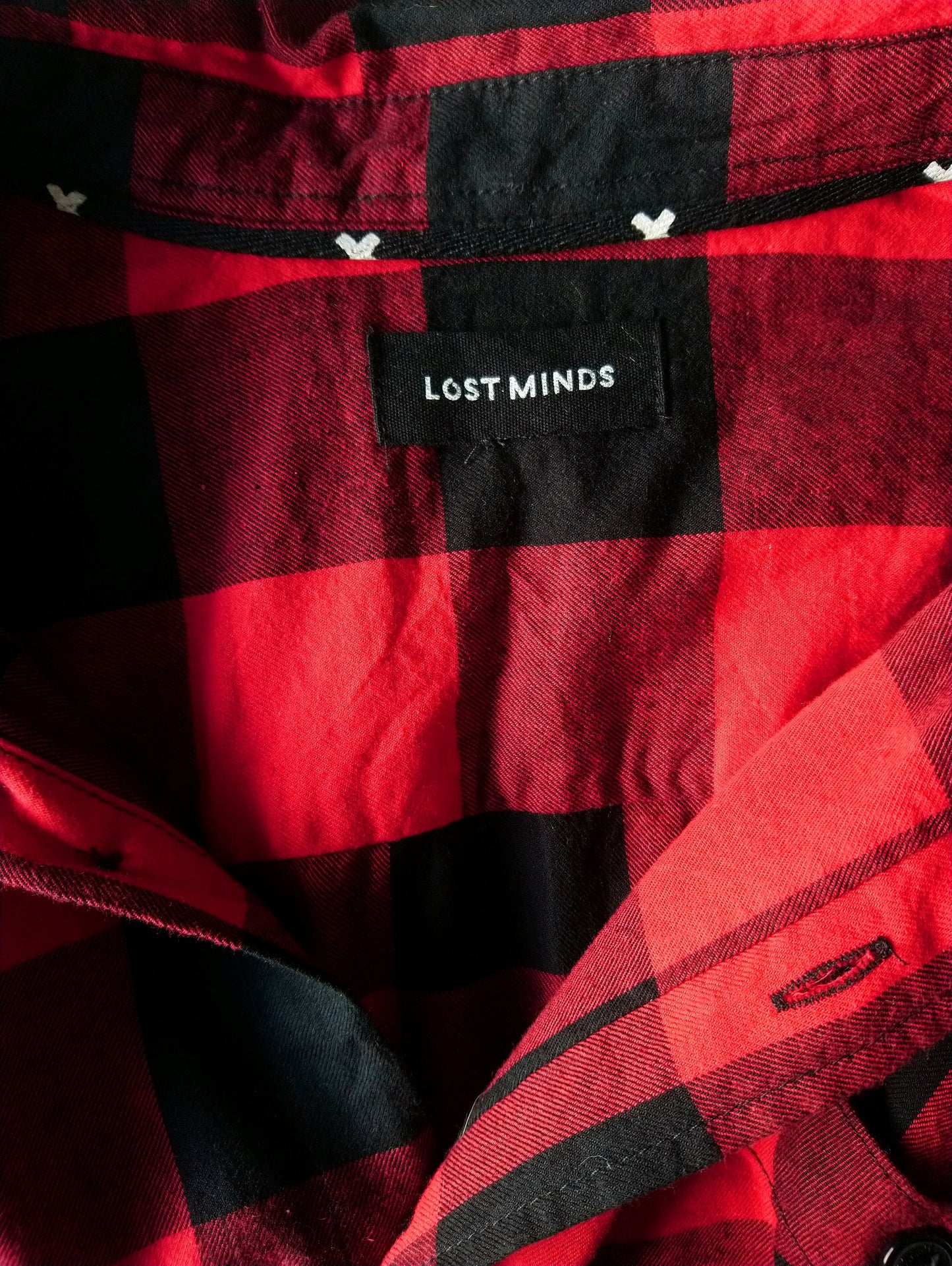Lost Minds overhemd korte mouw. Zwart Rood geblokt. Maat XL.