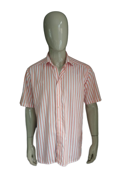 Olymp-Shirt Kurzarm. Orange und weiß gestreift. Größe XL.