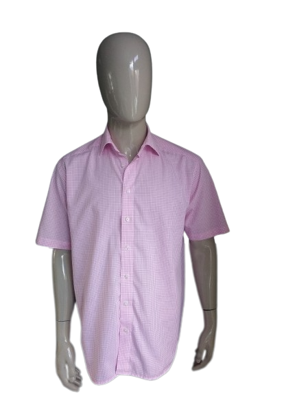 Sleeve corta della camicia olimpica. White a scacchi rosa. Taglia XL.