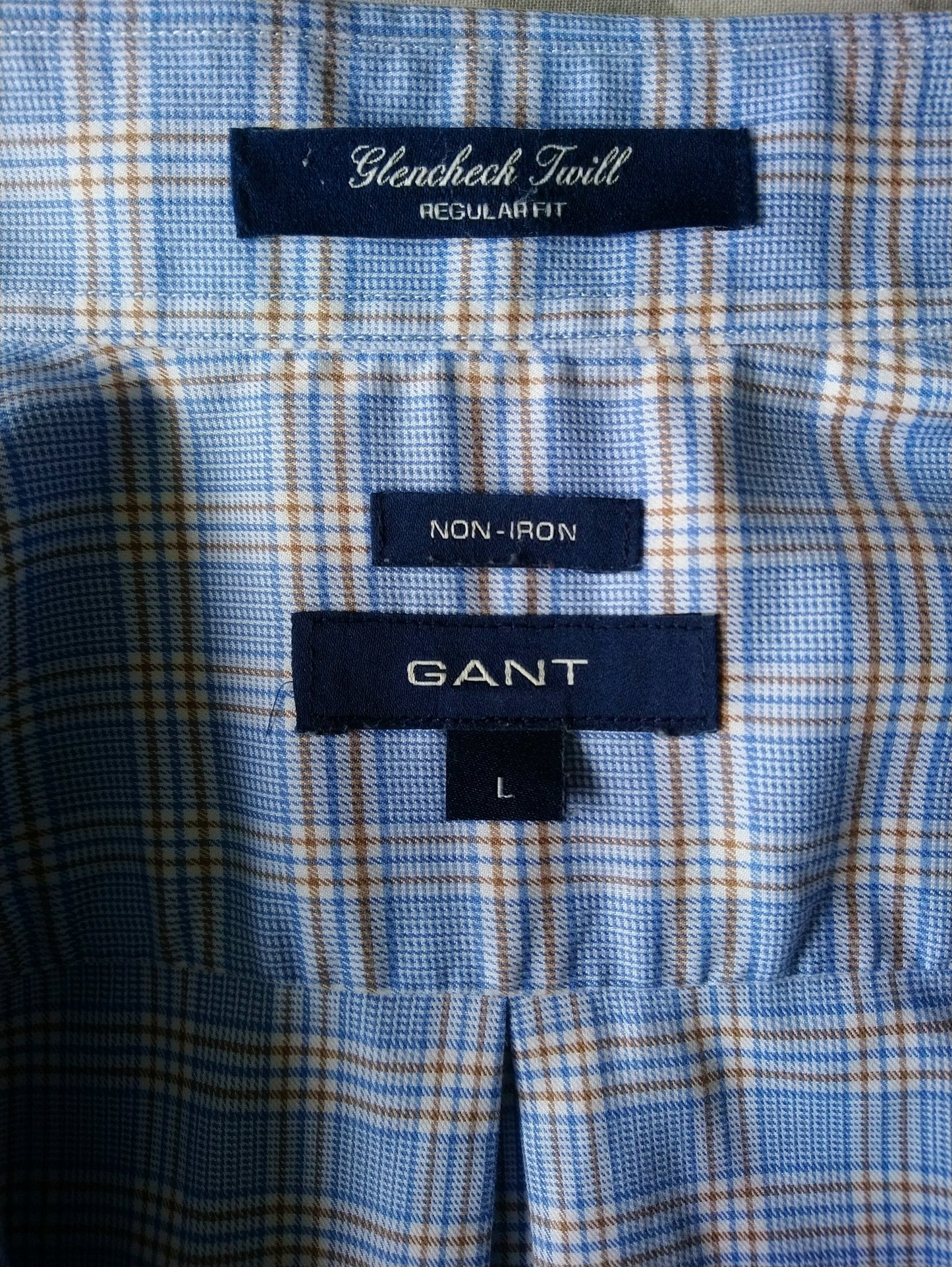 Gant shirt. Blue white brown checked. Size L. Regular Fit. Glencheck Twill. Light stretch.