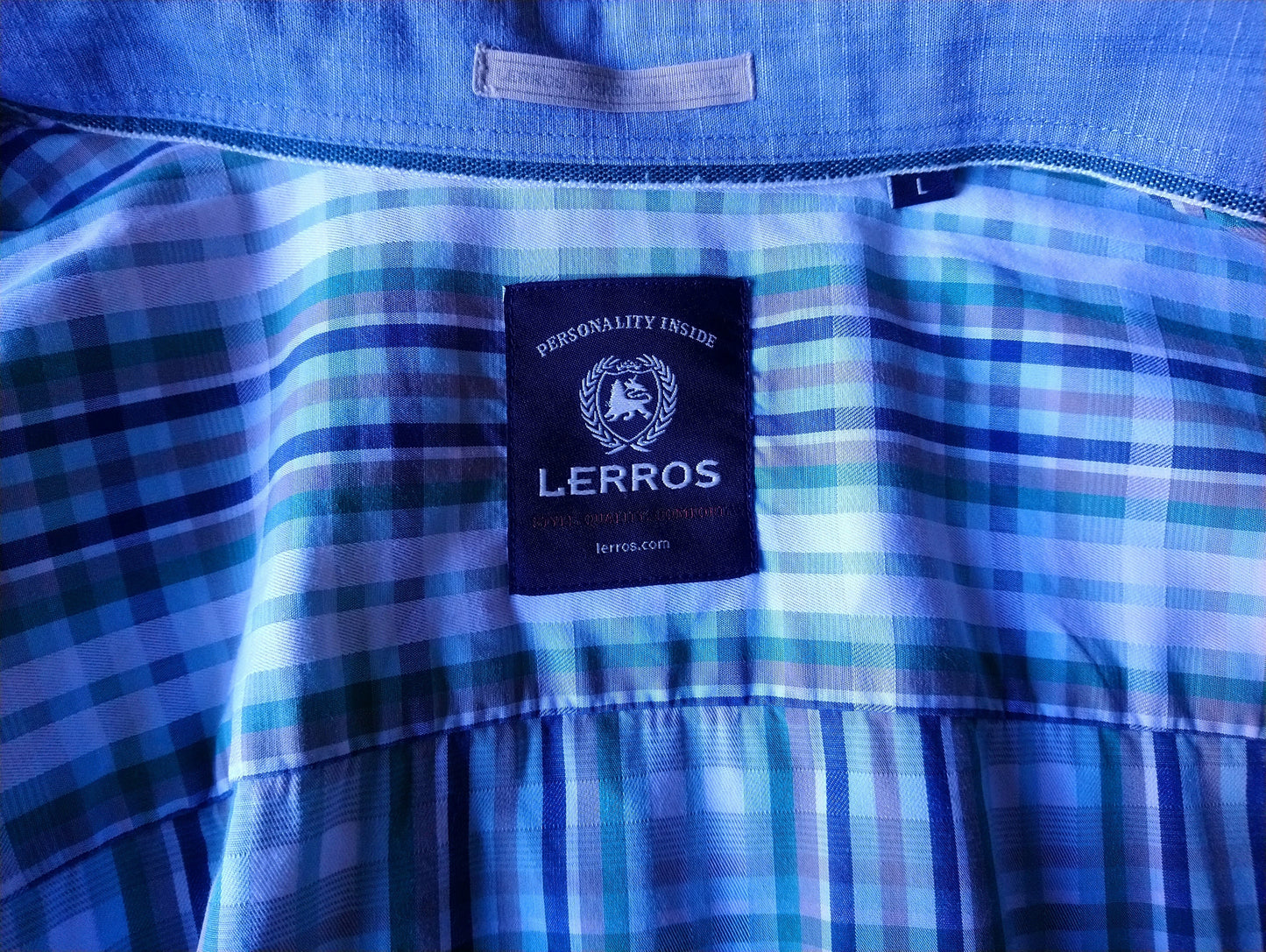 Lerros overhemd. Blauw Groen Bruin geruit. Maat L.
