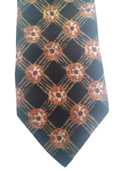 Vintage tie. Black orange red motif, silk