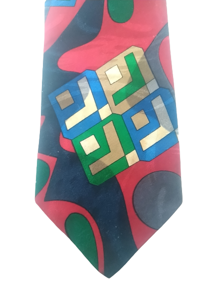 Seidenweber tie. Red blue green motif. Polyester.