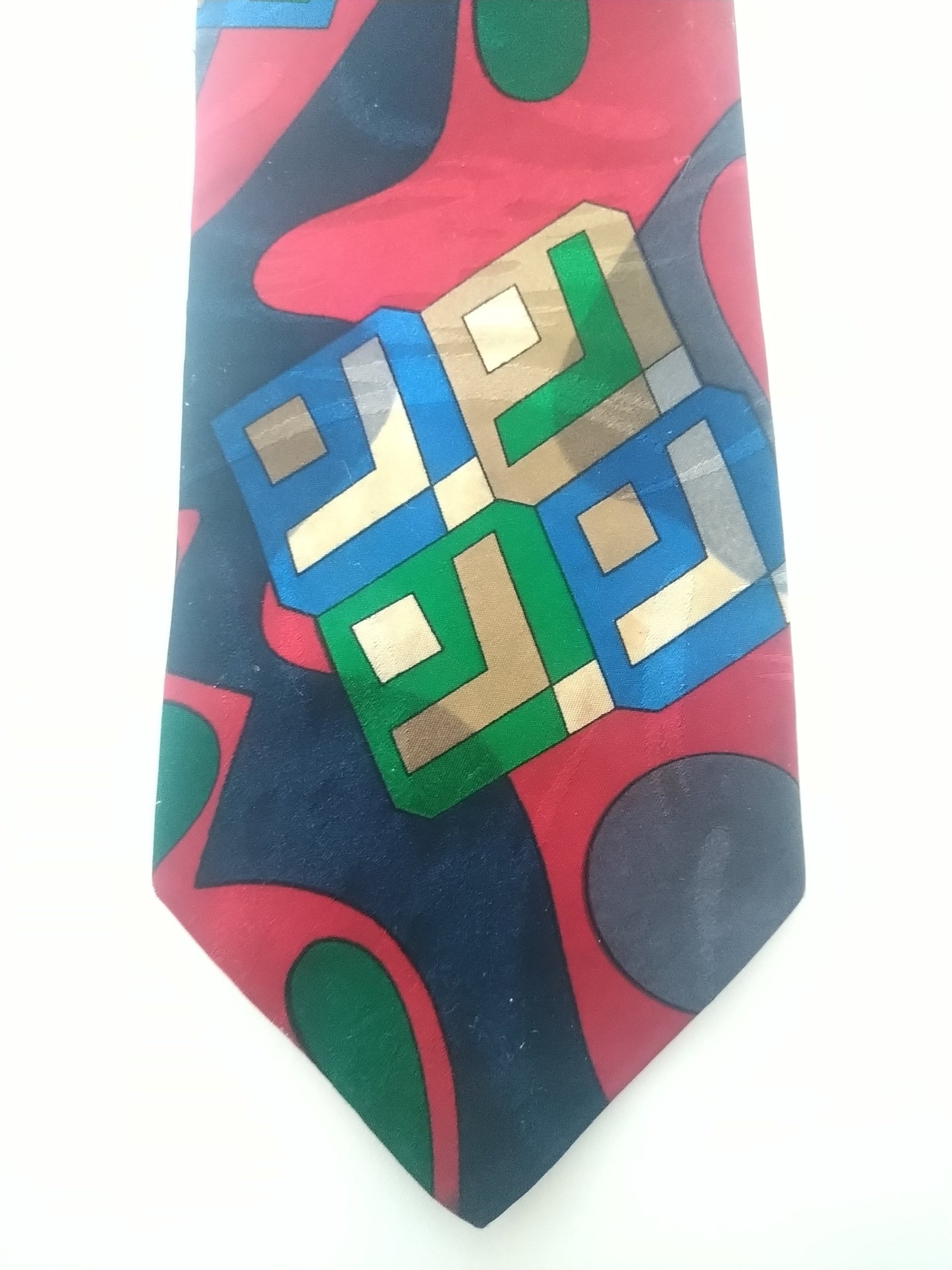 Seidenweber Krawatte. Rotes blaues grünes Motiv. Polyester.