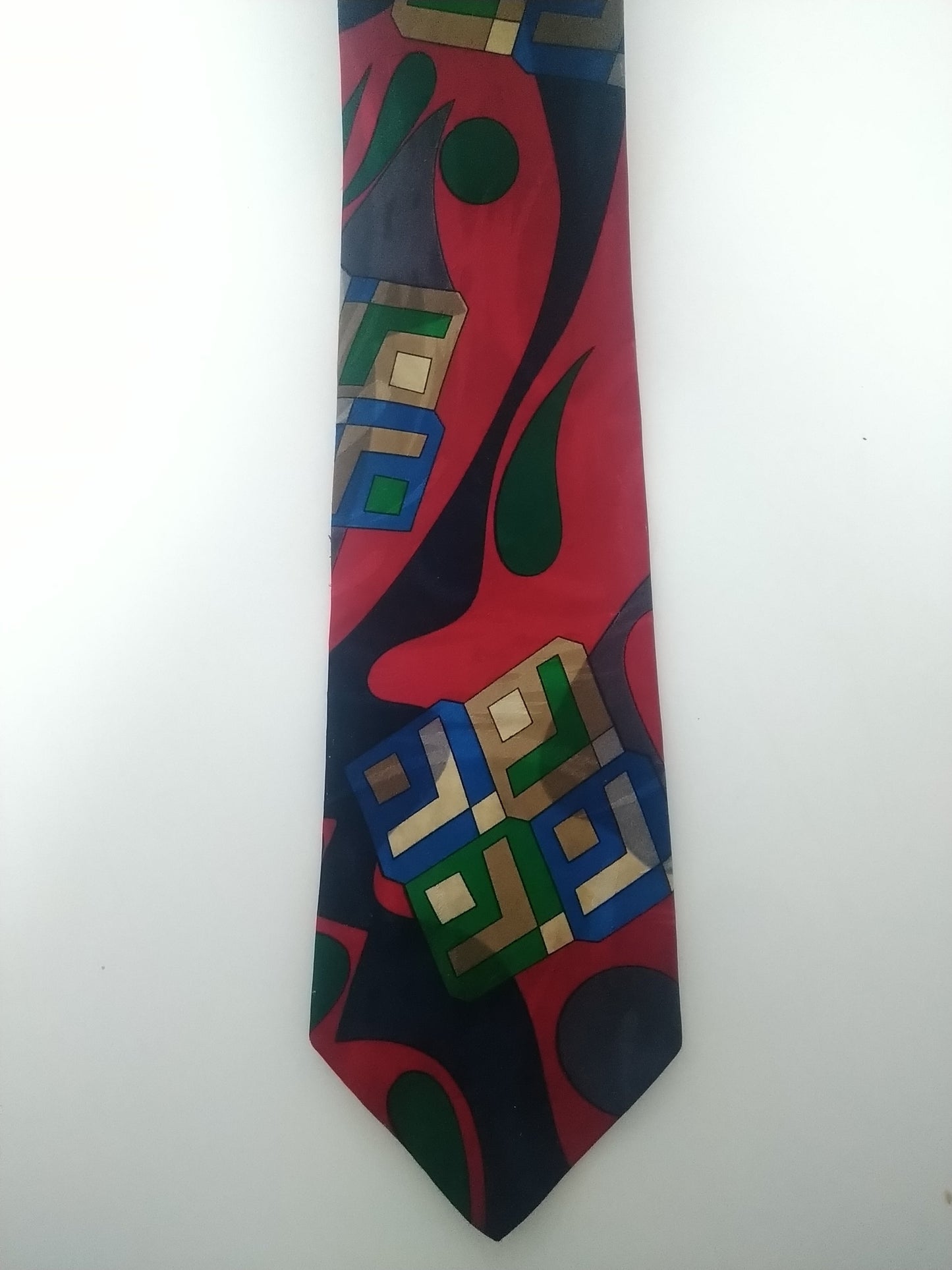 Seidenweber Krawatte. Rotes blaues grünes Motiv. Polyester.