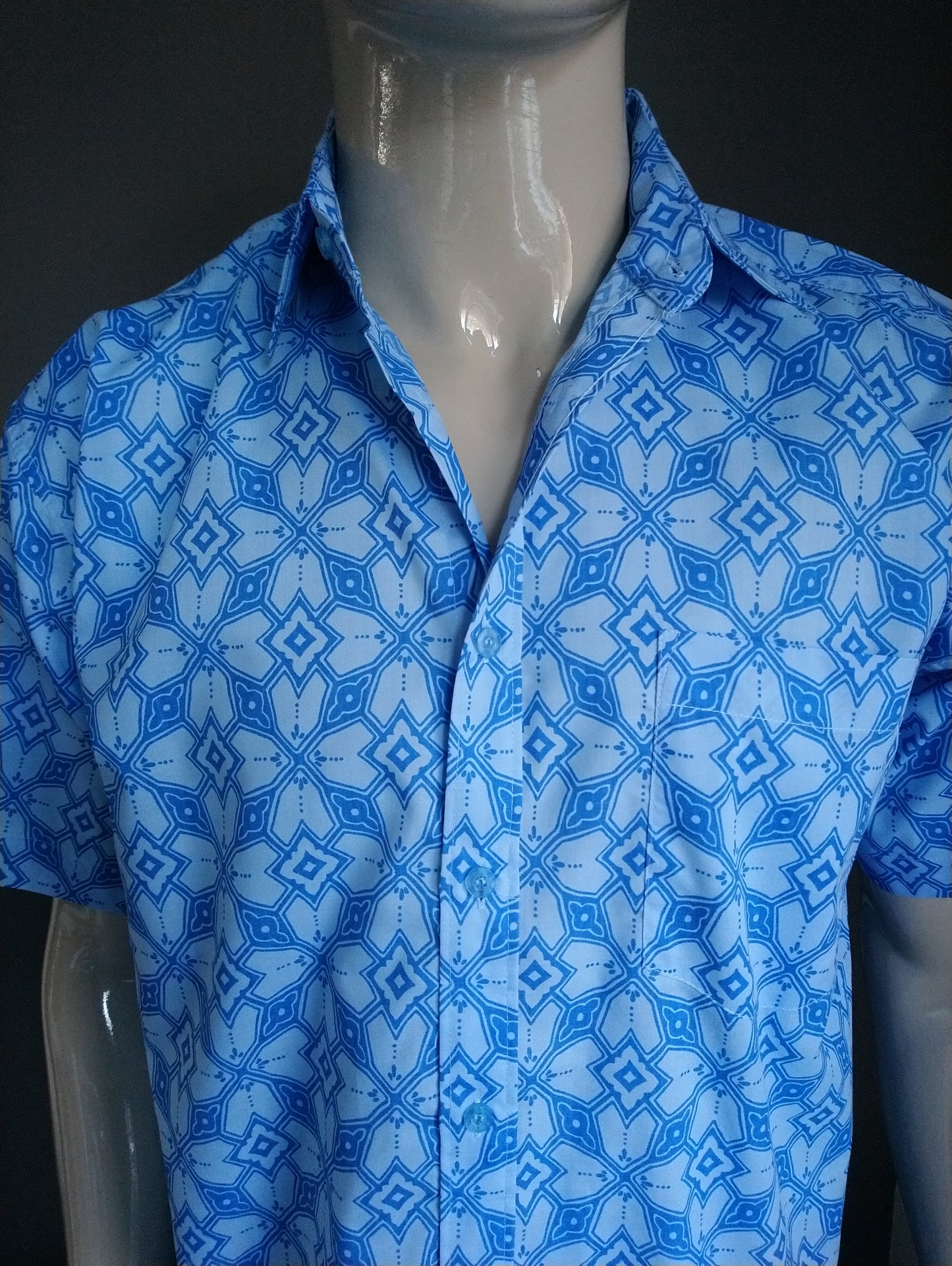 Vintage 90's Identic overhemd korte mouw. Blauwe print. Maat XL.