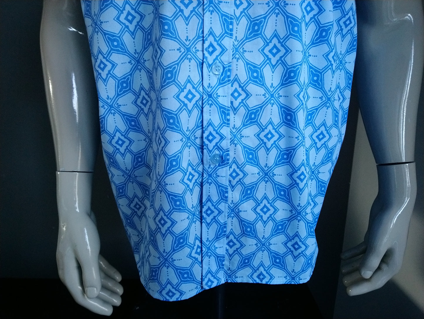 Vintage 90's Identic overhemd korte mouw. Blauwe print. Maat XL.
