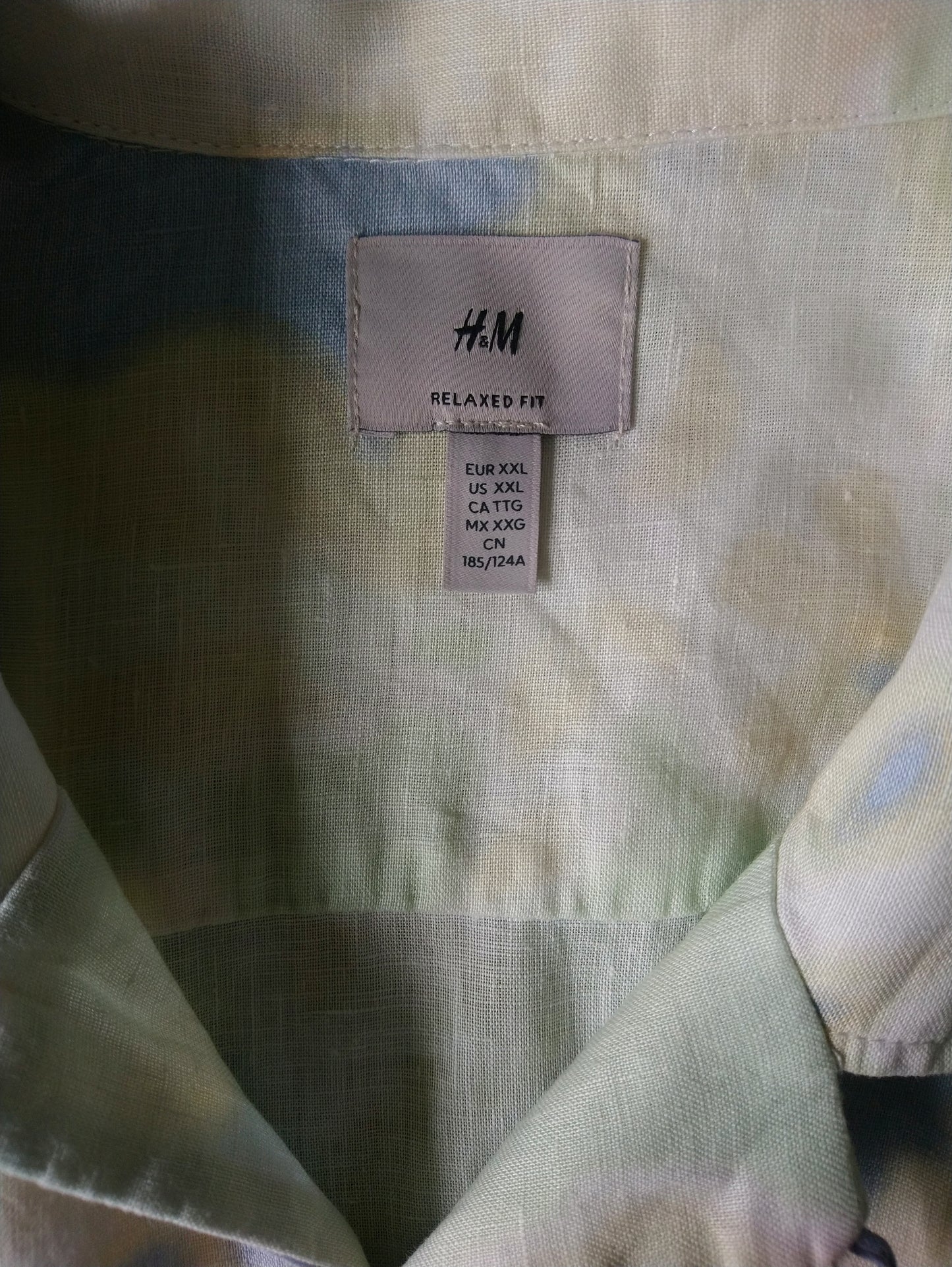 H&M Linnen overhemd korte mouw. Geel Blauw Groen gekleurd. Maat 2XL / XXL. Relaxed Fit.