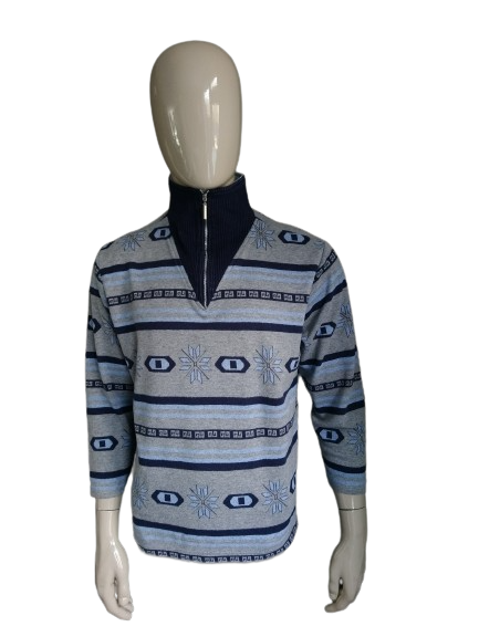 Vintage -Pullover mit Reißverschluss. Graues blaues Druck mit 3/4. Ärmeln. Größe L.