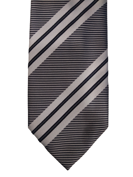 De Gunst Tilburg vintage polyester stropdas. Zwart / Zilver gestreept