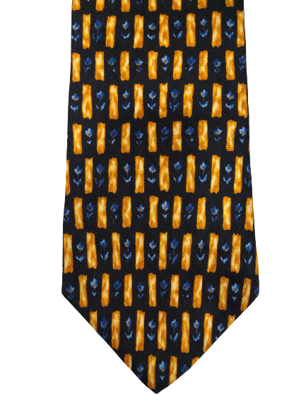 Vintage Hugo Boss silk tie. Blue / black / yellow motif.