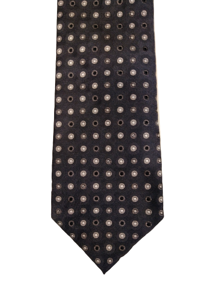 Profuomo zijde stropdas. Grijs met wit / zwart bolletjes motief.