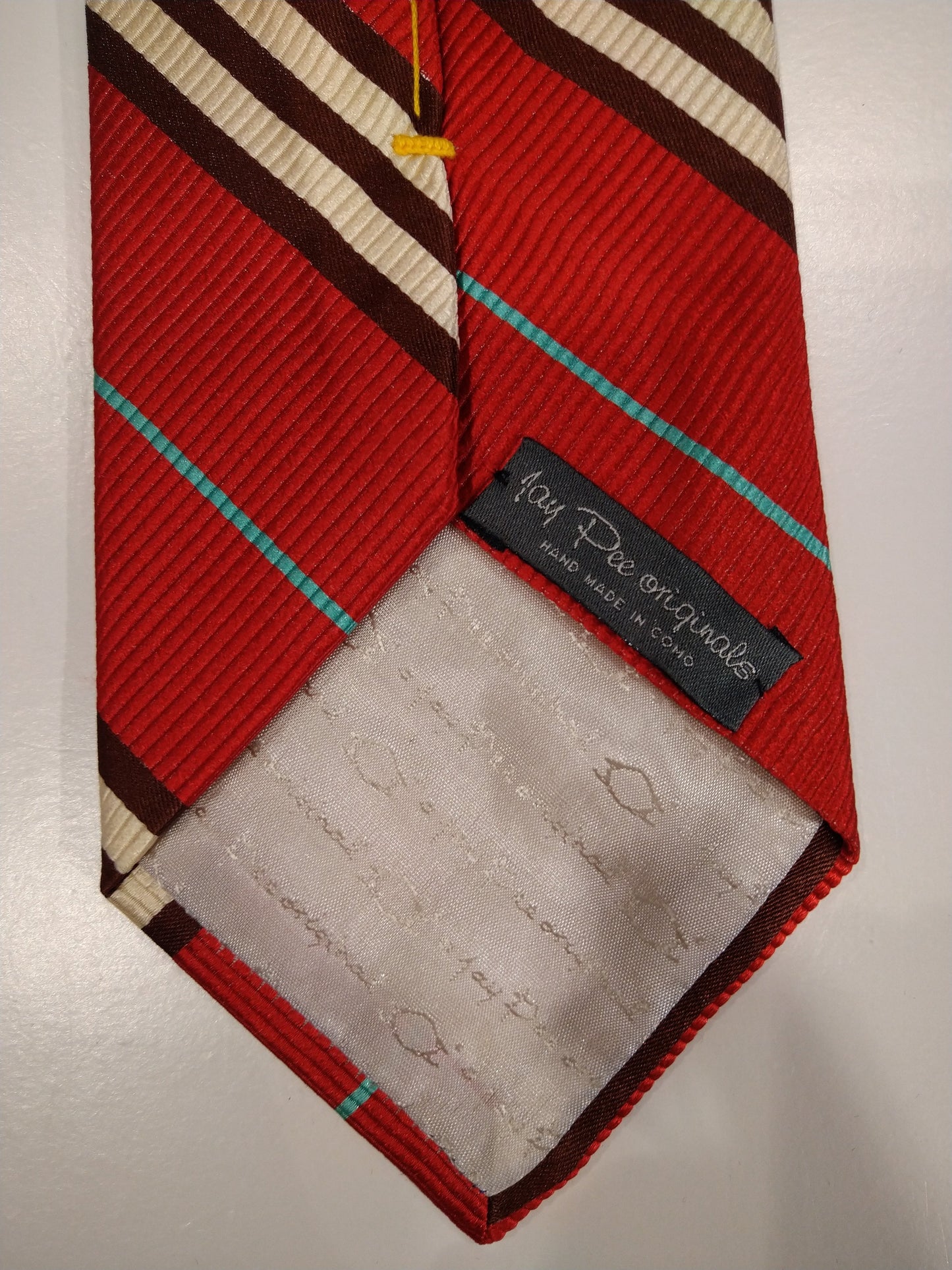 Jay Pee Original hand made in Como zijde stropdas. Rood / bruin / wit / blauw gestreept.