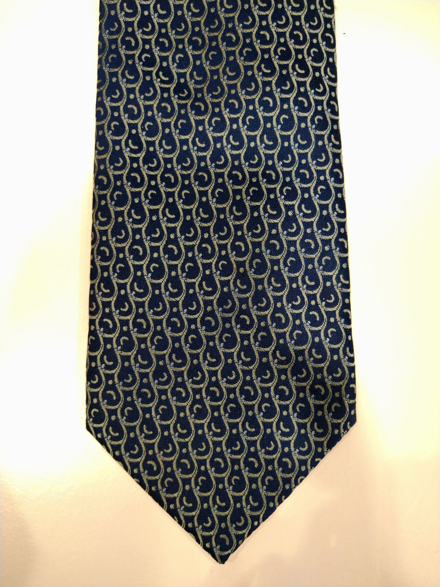 Vintage Rodos Silks hand made zijde stropdas. Blauw geel motief.