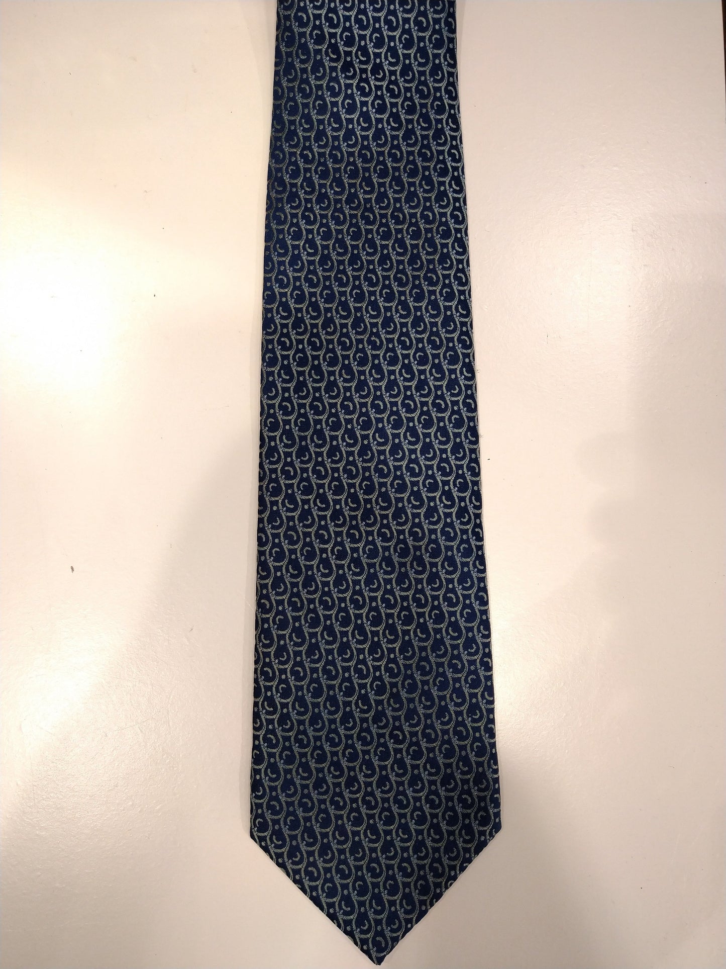 Vintage Rodos Silks hand made zijde stropdas. Blauw geel motief.