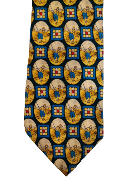 Cravatta in seta vintage. Bellissimo motivo vintage con giocatore di golf.