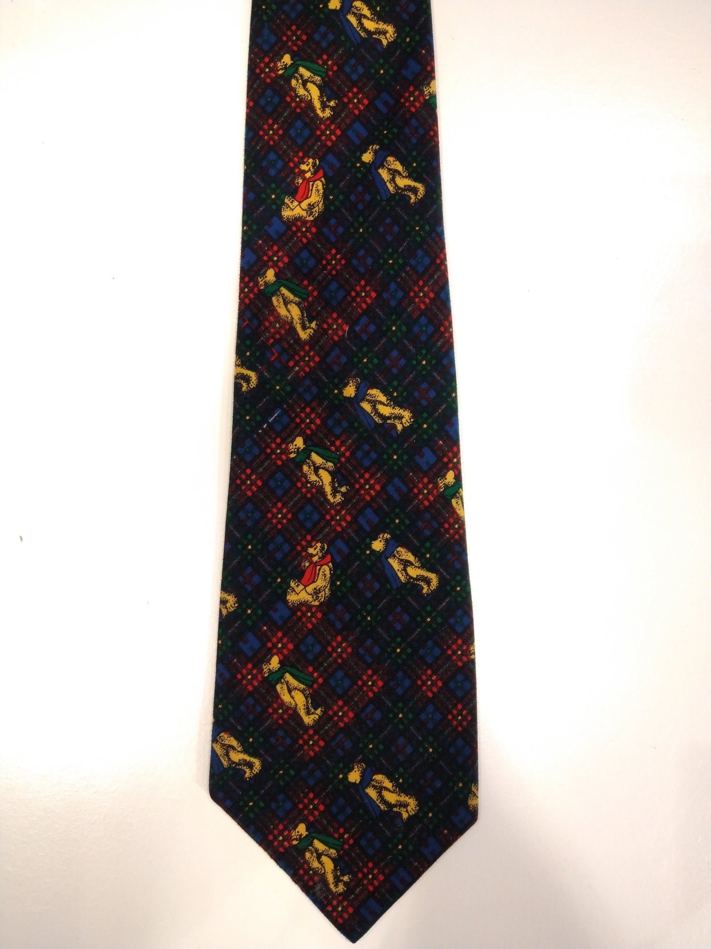 La corbata de poliéster vintage. Hermoso motivo de oso multicolor.