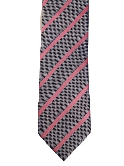 Silk tie. Gray pink striped motif.