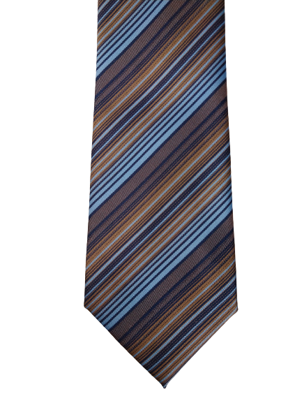 For Men Moody Blue polyester tie. Brown blue striped