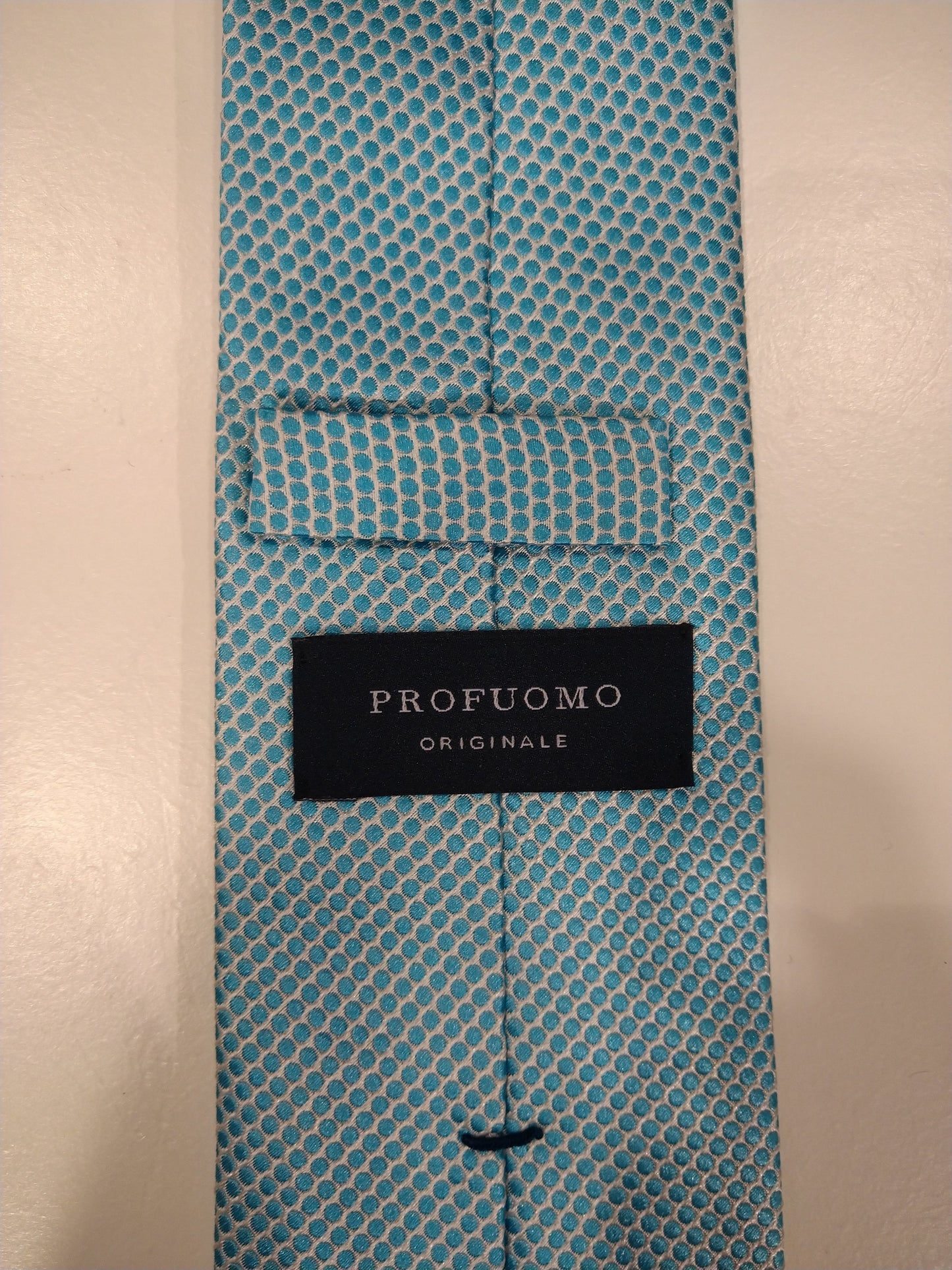 Profuomo silk tie. Blue white balls motif.