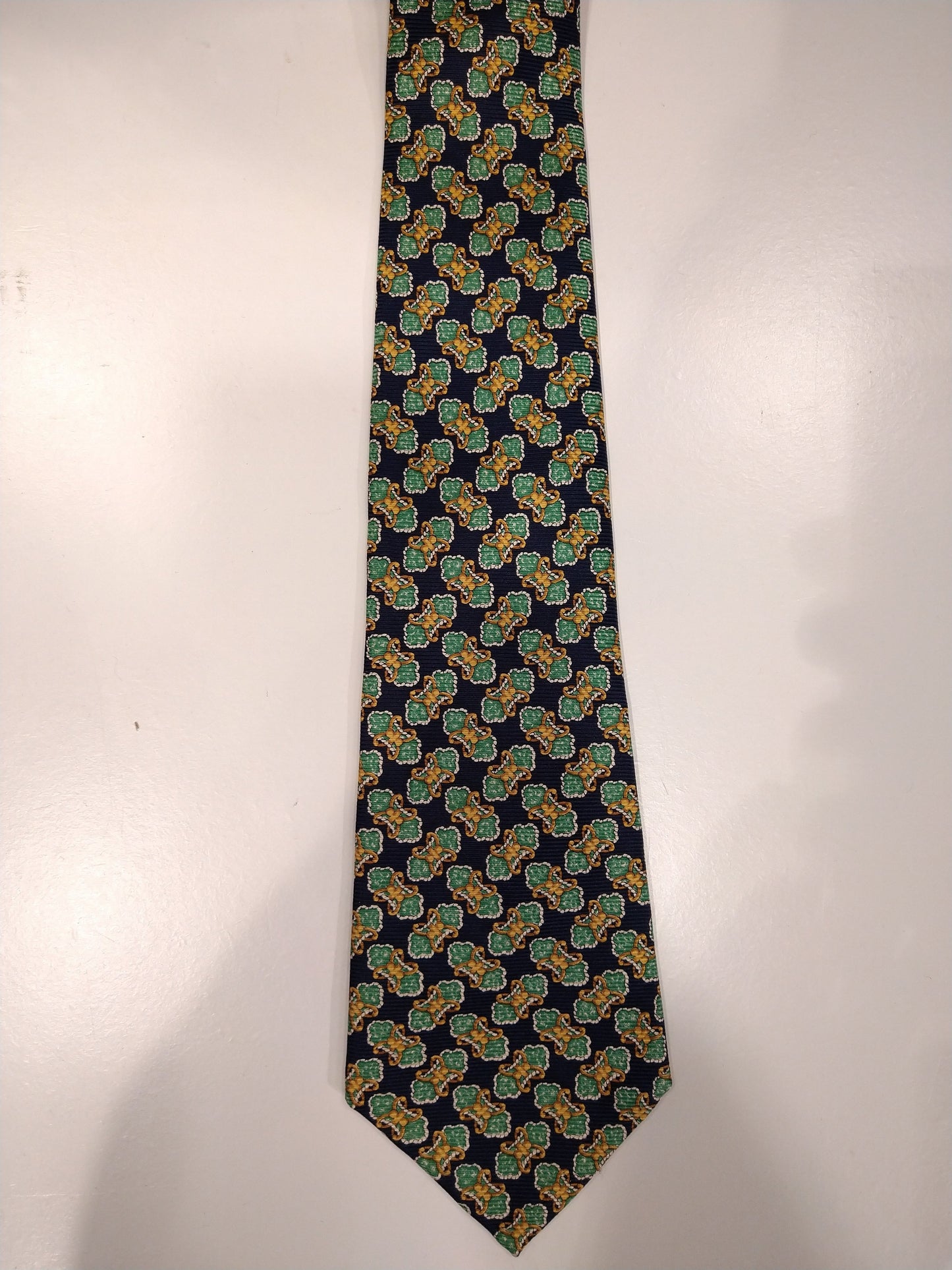 Celine Paris silk tie. Green blue yellow motif.