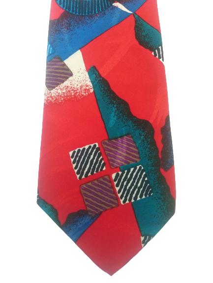 Vintage Seidenweber stropdas. Rood blauw motief. Polyester.