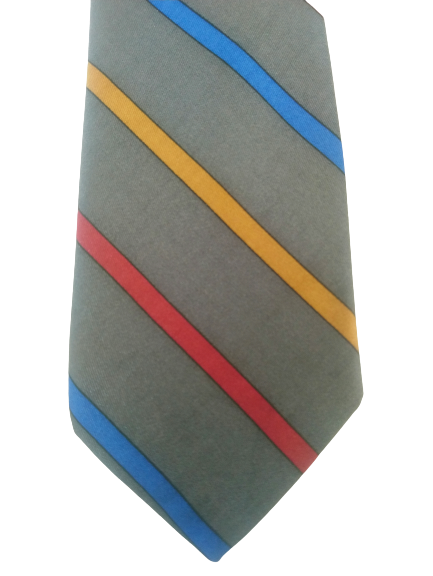 Vintage smalle stropdas. Grijs / rood / blauw gestreept. Zijde