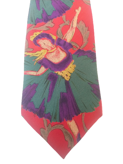 Belle cravate de cravate de charleston vintage. Motif de danseur violet / rouge / vert. Soie