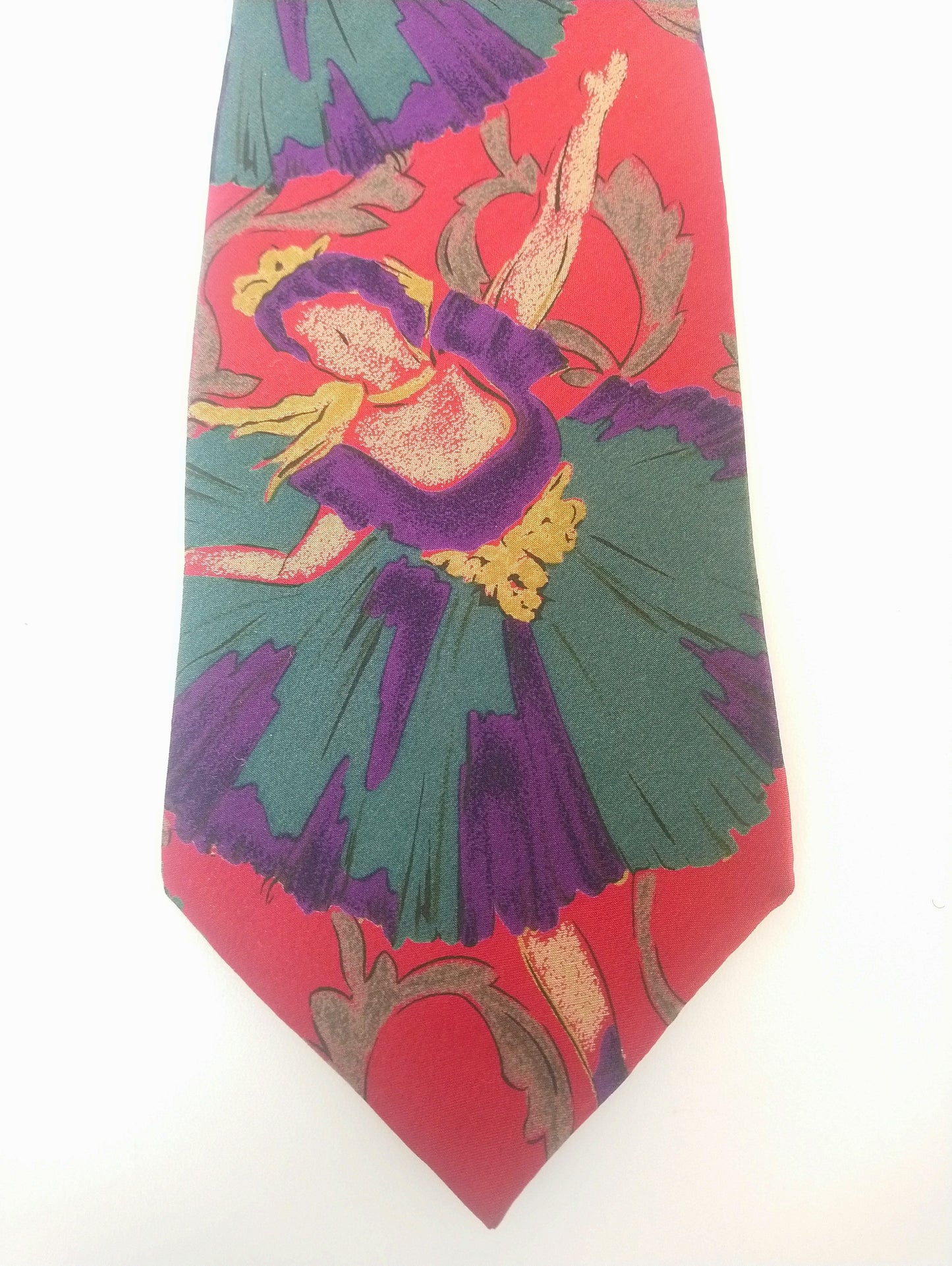Hermosa vintage Charleston Tie Rack Tie. Motivo de bailarina púrpura / rojo / verde. Seda