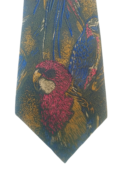 Harold ou Huddersfield Cravate Vintage. Imprimé perroquet rouge / bleu / ocre. Soie